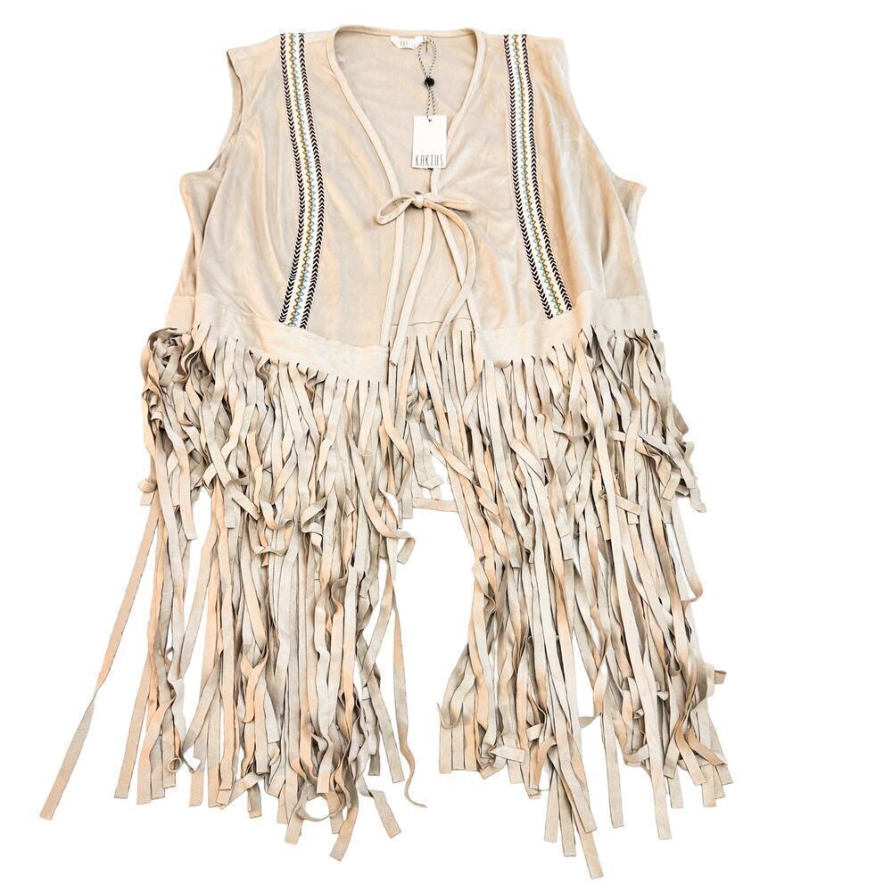 Kaktus Fringe Sleeveless Vest Cream Cowboy Hipster Size Large NWT